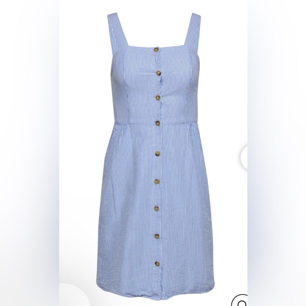 J Crew  Button Front Dress Sz 12  Seersucker Stripe White/Blue Sleeveless NWT